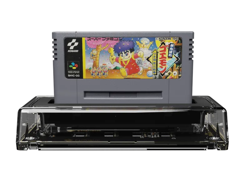 Ganbare Goemon Super Famicom cartridge connected to the SN Operator
