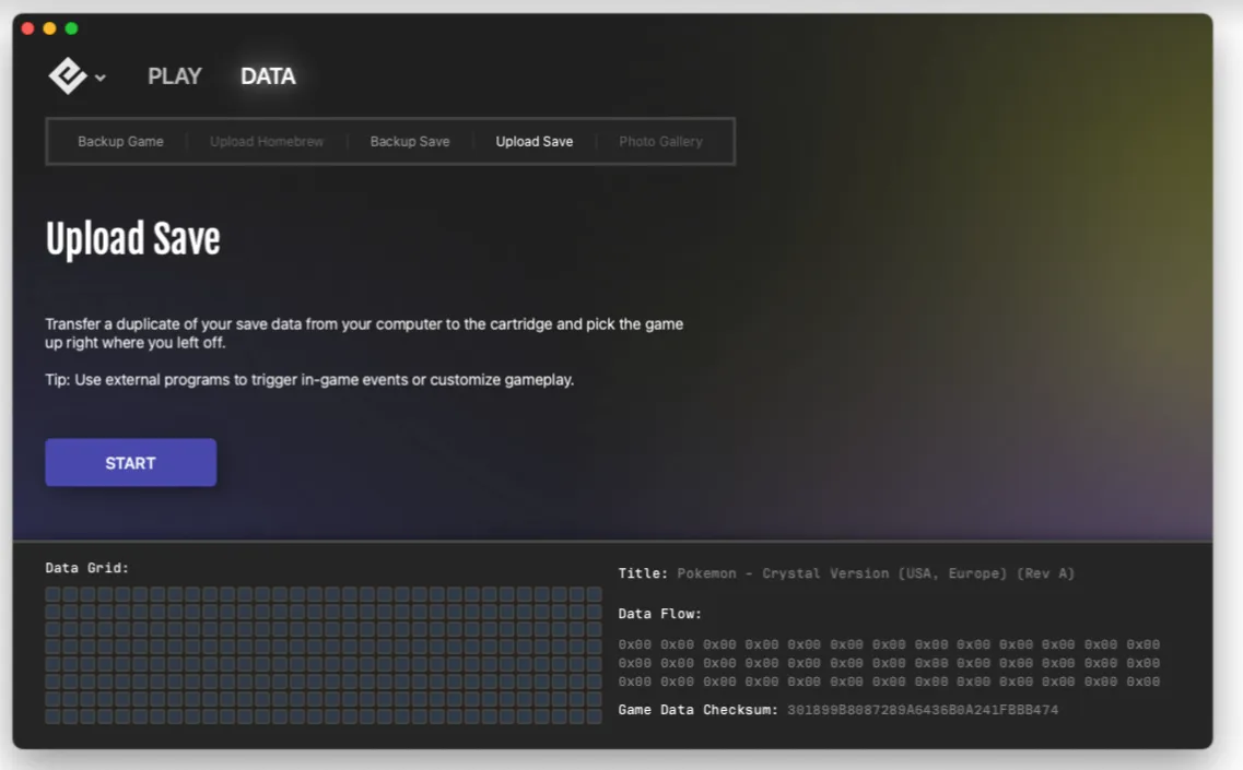 Playback Data tab with upload option