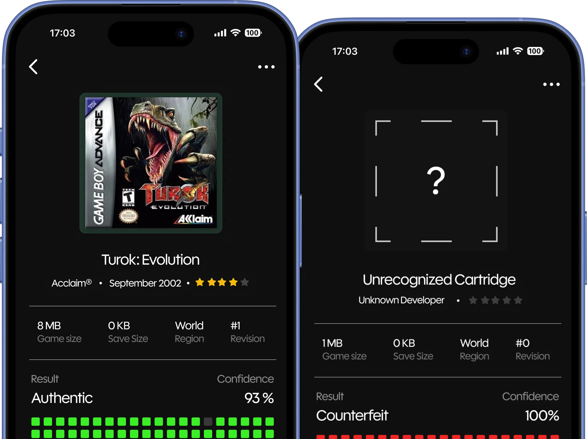 Retrace app showing authentic cartridge verification with 93% confidence