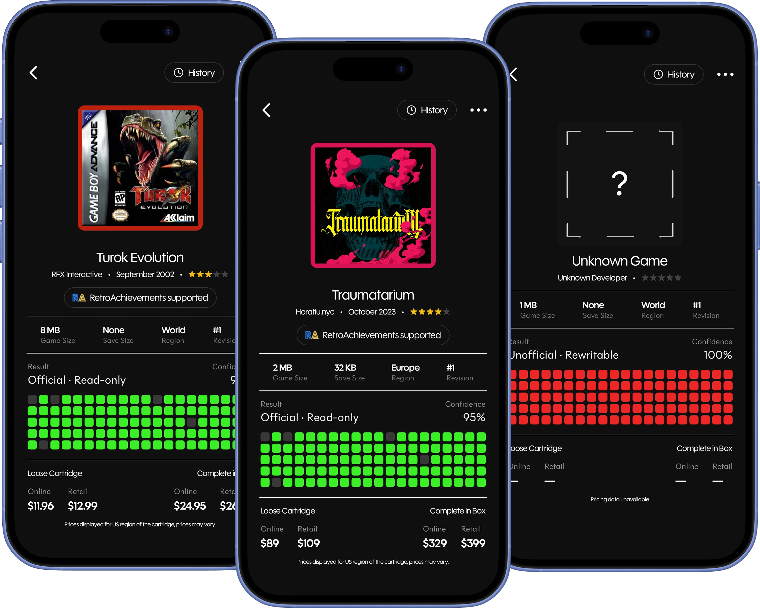 Retrace app showing an official cartridge, a homebrew title, and an unrecognized cartridge flagged as unofficial