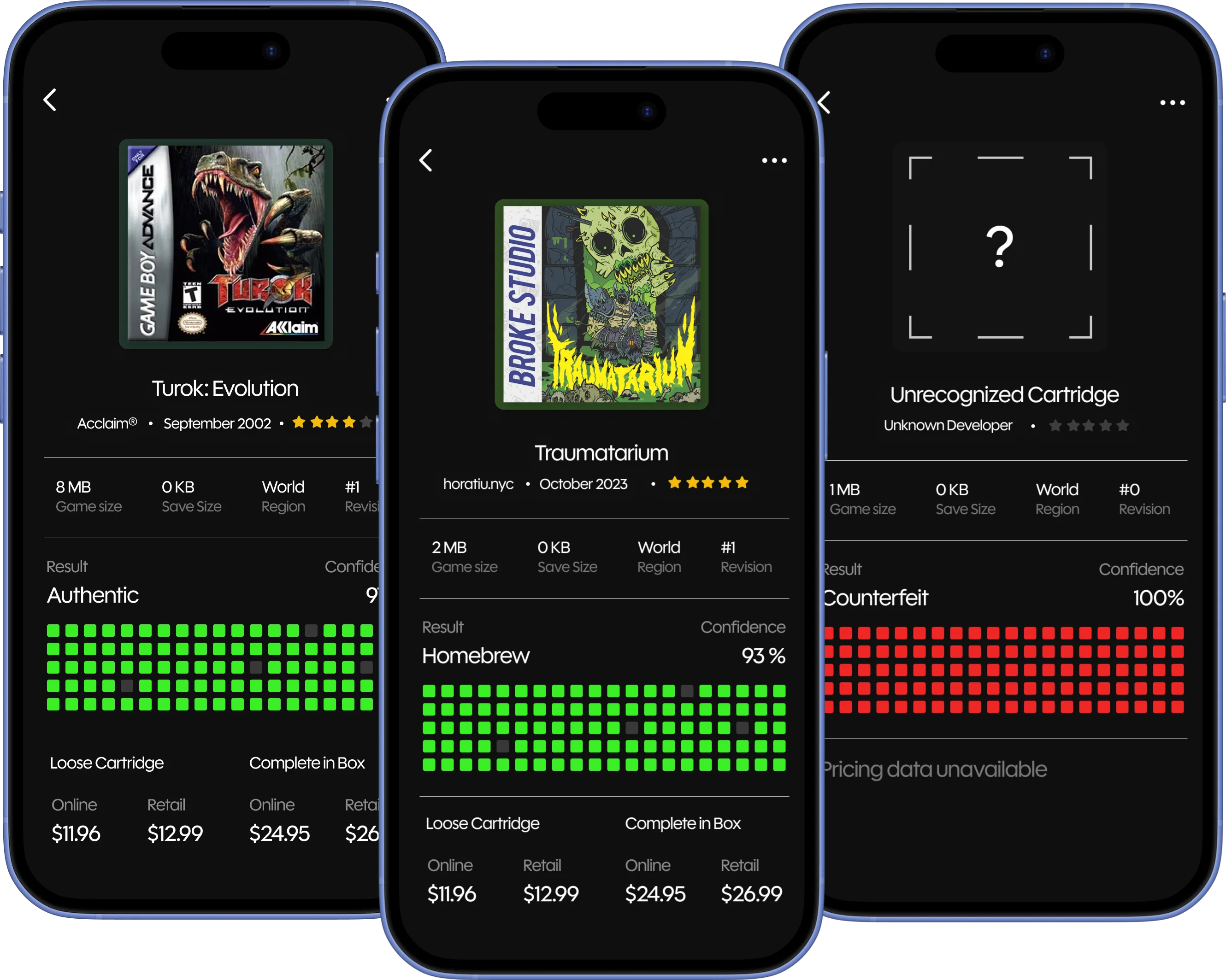 Retrace app showing authentic, homebrew, and counterfeit cartridge results