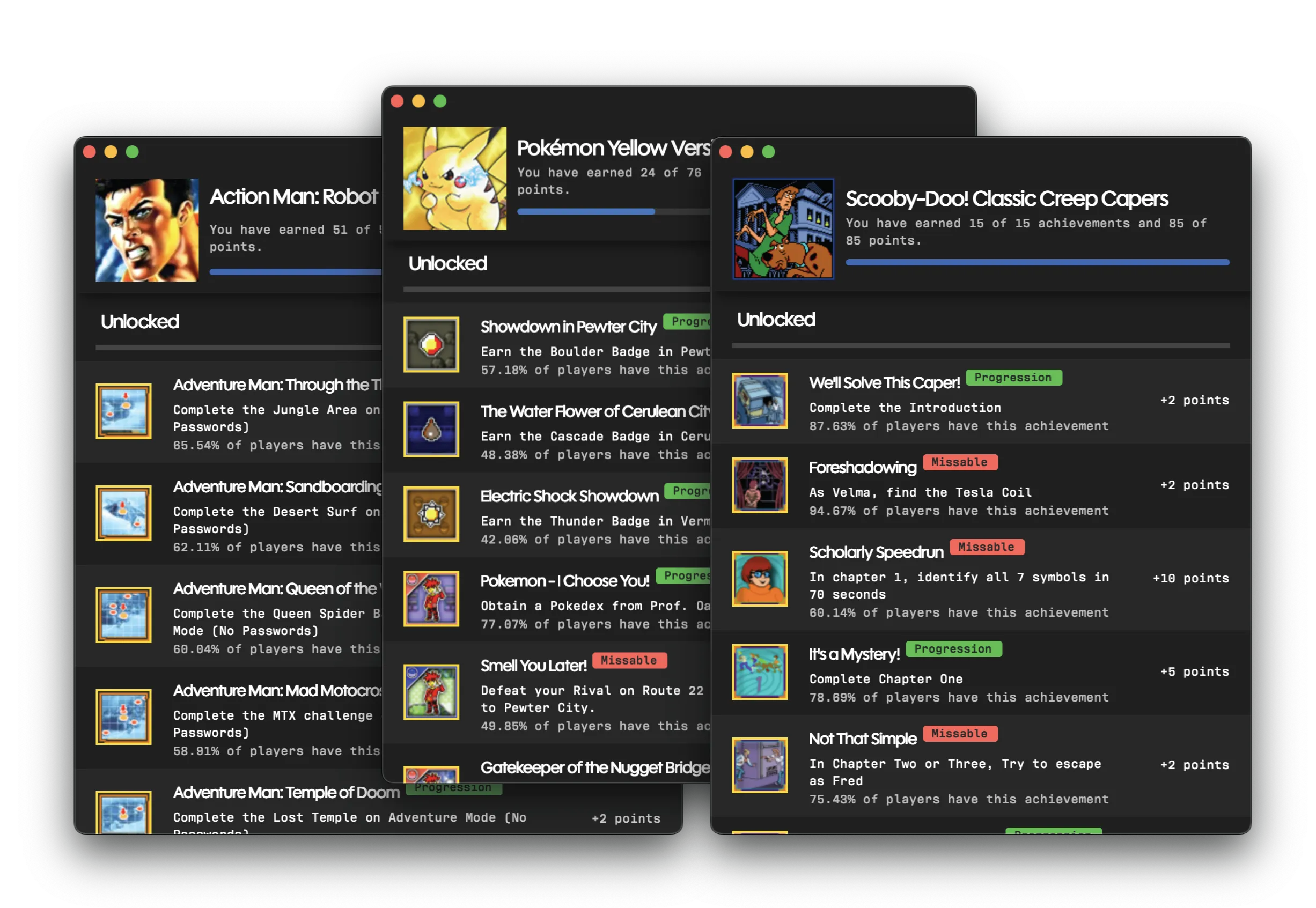 RetroAchievements achievement tracking interface in Playback app