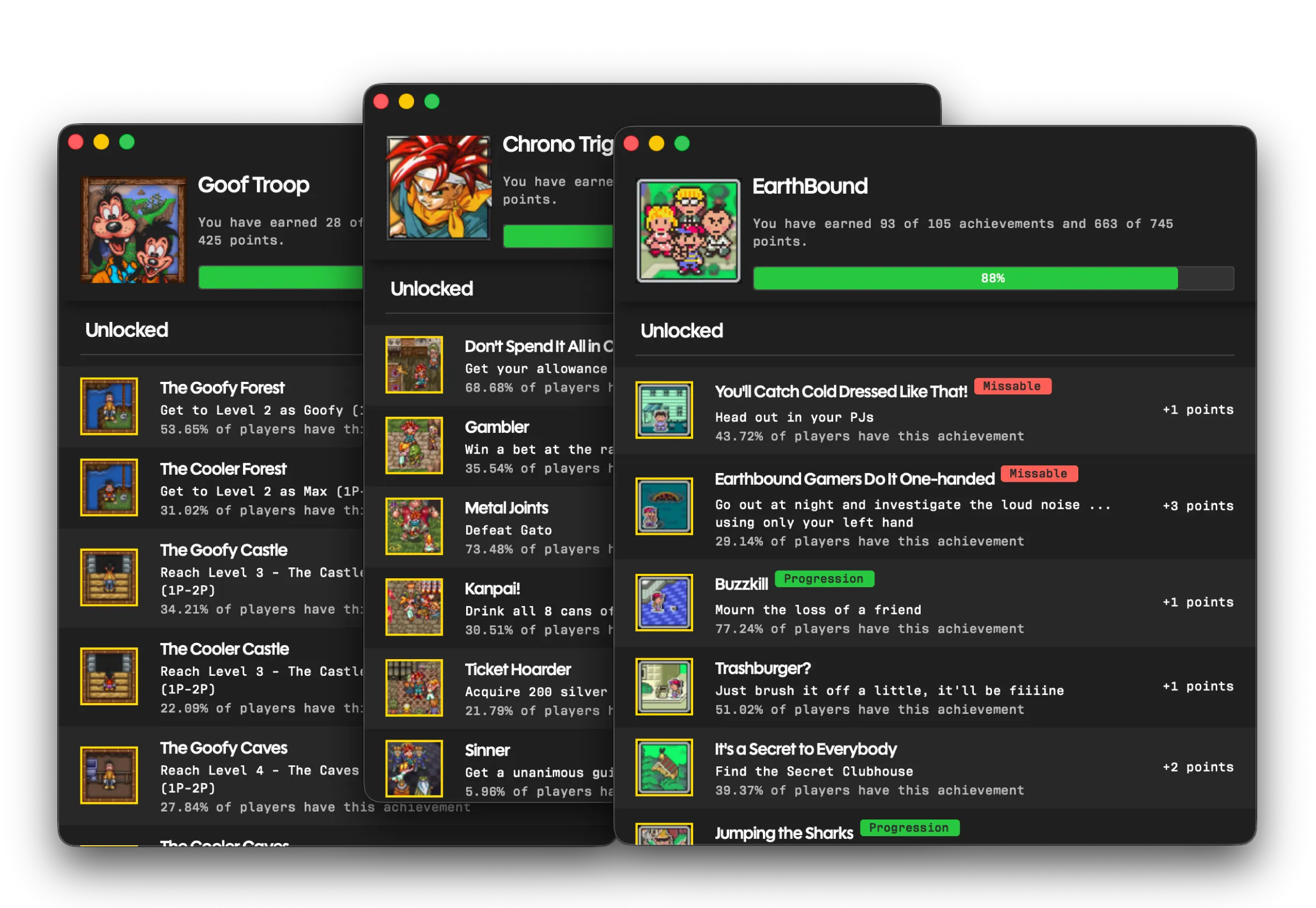 RetroAchievements achievement tracking interface in Playback app