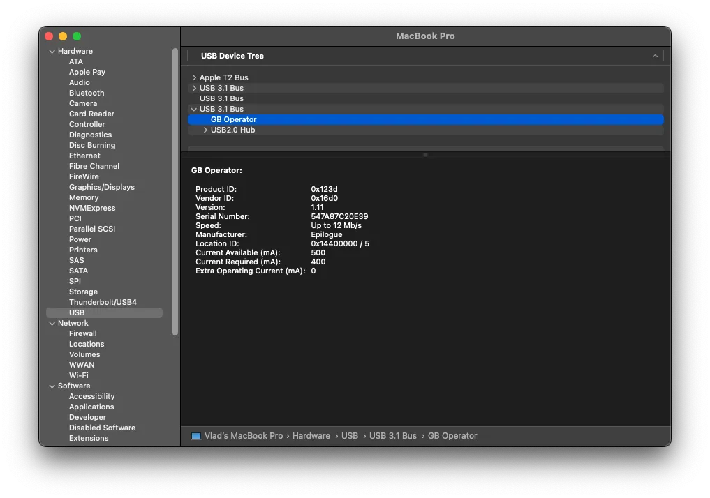 System Information on macOS showing USB devices